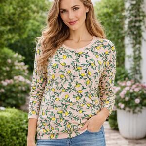 Lands' End SZ XL/18 Pink Cardigan Sweater With Lemons Art To Wear Cotton Plus